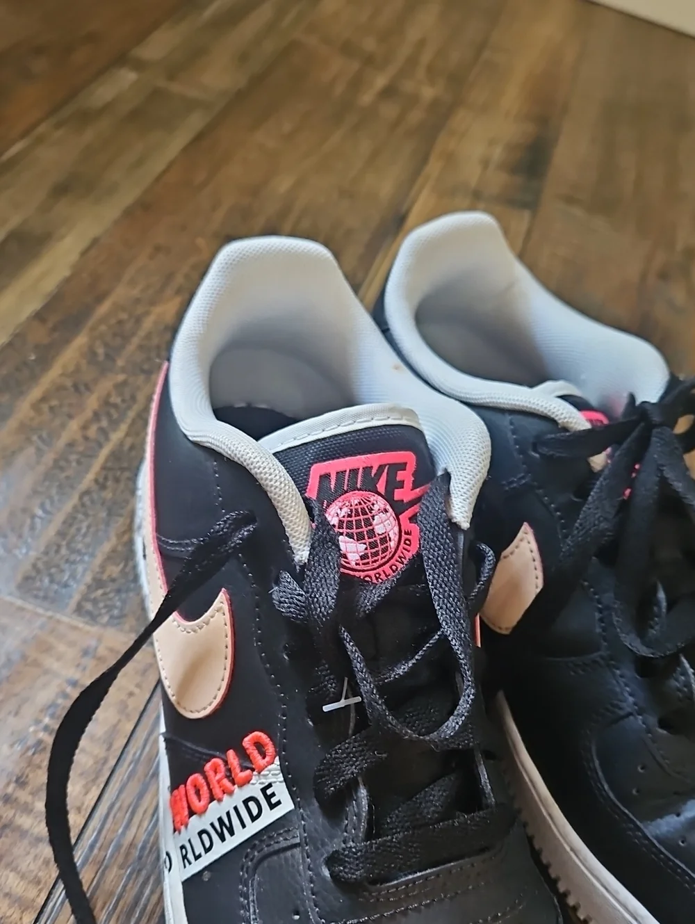 Nike Air Black‎ Leather Sneakers with Peachy Pink Swoosh & World Worlwide Emblem